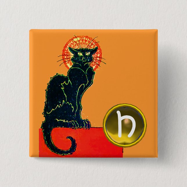 BLACK CAT HALLOWEEN PARTY MONOGRAM 2 INCH SQUARE BUTTON (Front)