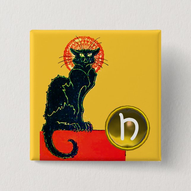 BLACK CAT HALLOWEEN PARTY MONOGRAM 2 INCH SQUARE BUTTON (Front)