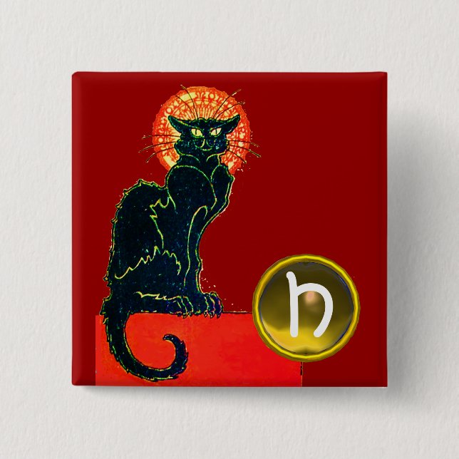 BLACK CAT HALLOWEEN PARTY MONOGRAM 2 INCH SQUARE BUTTON (Front)