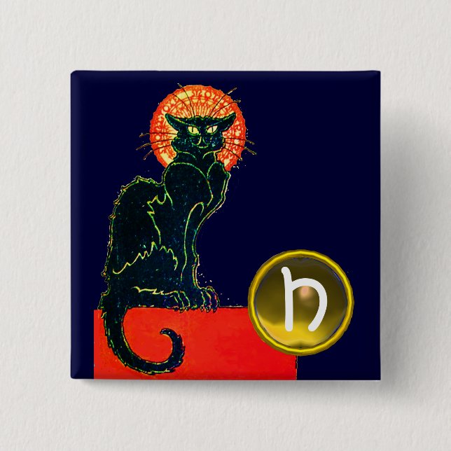 BLACK CAT HALLOWEEN PARTY MONOGRAM 2 INCH SQUARE BUTTON (Front)