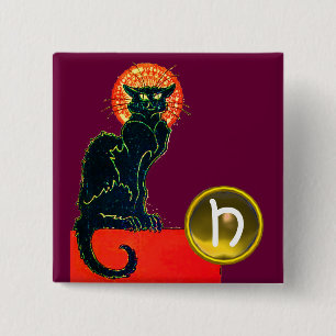 BLACK CAT HALLOWEEN PARTY MONOGRAM 2 INCH SQUARE BUTTON