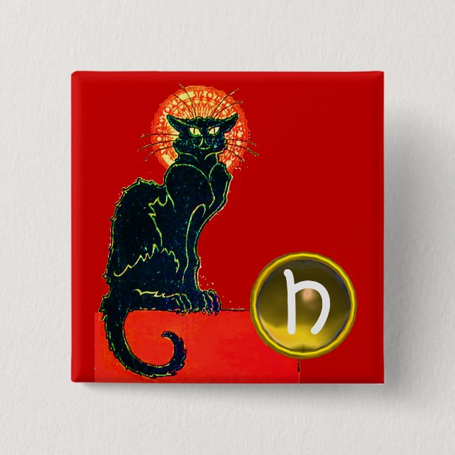 BLACK CAT HALLOWEEN PARTY MONOGRAM 2 INCH SQUARE BUTTON (Front)
