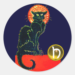 BLACK CAT HALLOWEEN PARTY MONOGRAM CLASSIC ROUND STICKER
