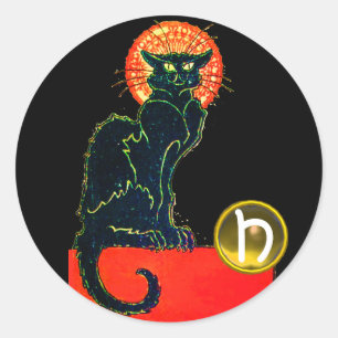 BLACK CAT HALLOWEEN PARTY MONOGRAM CLASSIC ROUND STICKER