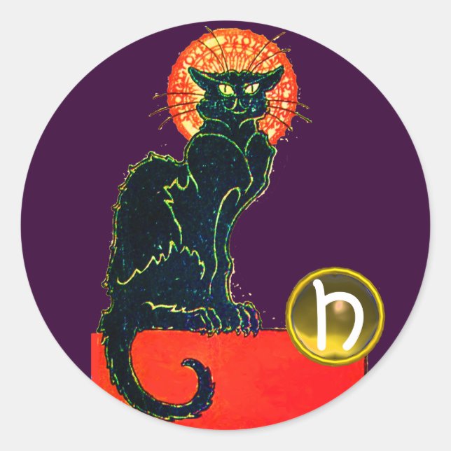BLACK CAT HALLOWEEN PARTY MONOGRAM CLASSIC ROUND STICKER (Front)