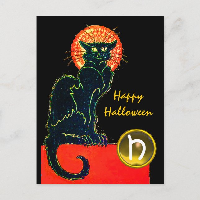 BLACK CAT HALLOWEEN PARTY MONOGRAM HOLIDAY POSTCARD (Front)