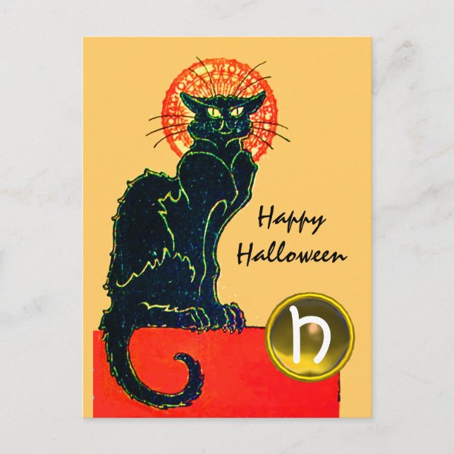 BLACK CAT HALLOWEEN PARTY MONOGRAM INVITATION POSTCARD (Front)