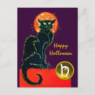 BLACK CAT HALLOWEEN PARTY MONOGRAM INVITATION POSTCARD