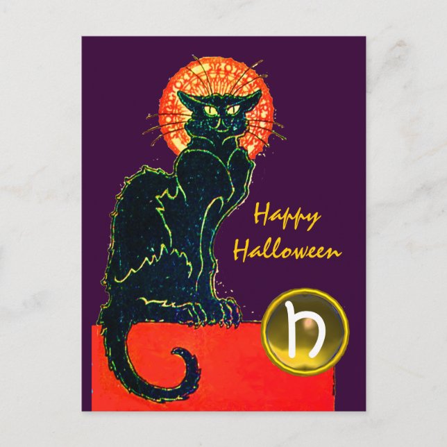 BLACK CAT HALLOWEEN PARTY MONOGRAM INVITATION POSTCARD (Front)