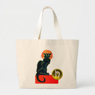 BLACK CAT HALLOWEEN PARTY MONOGRAM LARGE TOTE BAG