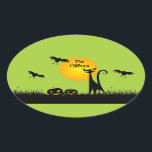 Black Cat Halloween Party Oval Sticker<br><div class="desc">Bats in the sky fly above a green-eyed black cat and leering jack o' lantern on these Halloween party oval stickers. MATCHING items in our store.</div>