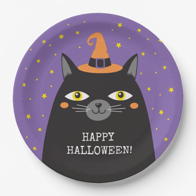 Black Cat Halloween Party Paper Plate (Front)