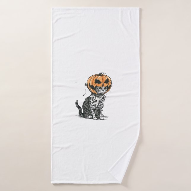 Black Cat Halloween Pumpkin Head Costume For Women Bath Towel (Bath Towel)