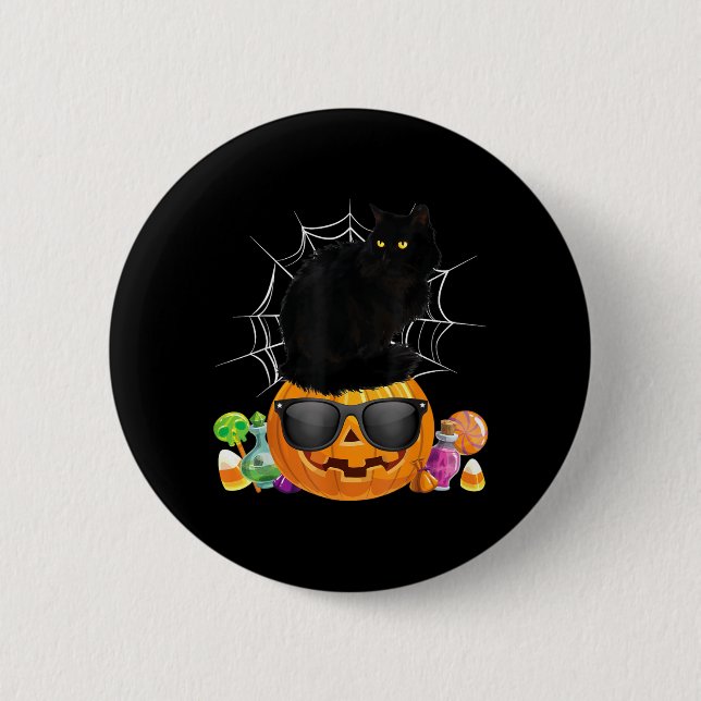 Black Cat Halloween Pumpkin Jack O Lantern Cat 2 Inch Round Button (Front)
