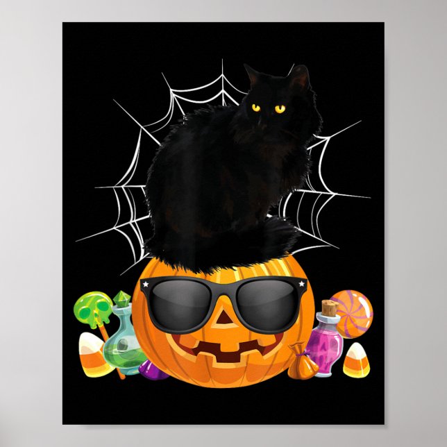 Black Cat Halloween Pumpkin Jack O Lantern Cat Poster (Front)