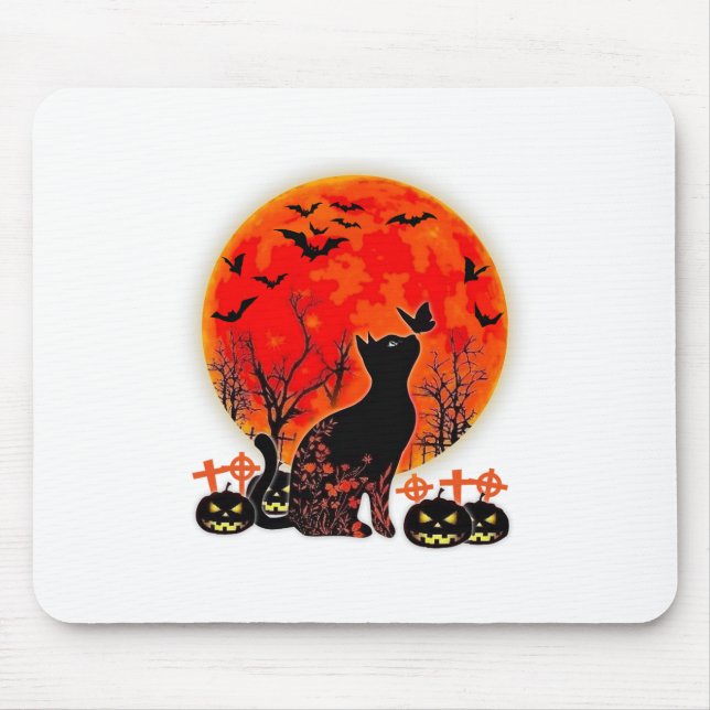 Black Cat Halloween Pumpkin Moon Spooy  Mouse Pad (Front)