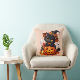 Black Cat Halloween Pumpkin Pillow
