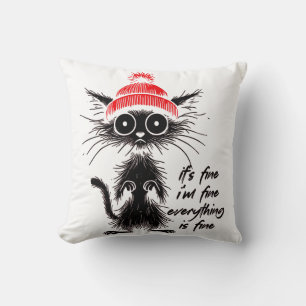 Black Cat Halloween red beanie It's Fine I'm Fine Throw Pillow