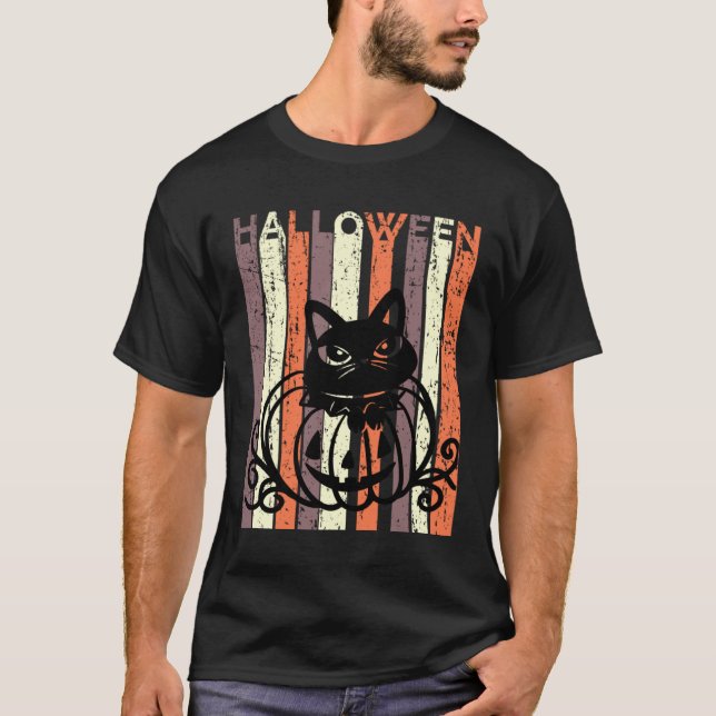 Black Cat Halloween Retro Distressed Goth Pumpkin  T-Shirt (Front)