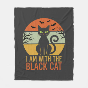 Black Cat Halloween Retro Sunset Design Fleece Blanket
