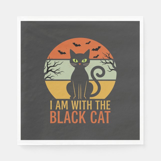 Black Cat Halloween Retro Sunset Design Napkin (Front)
