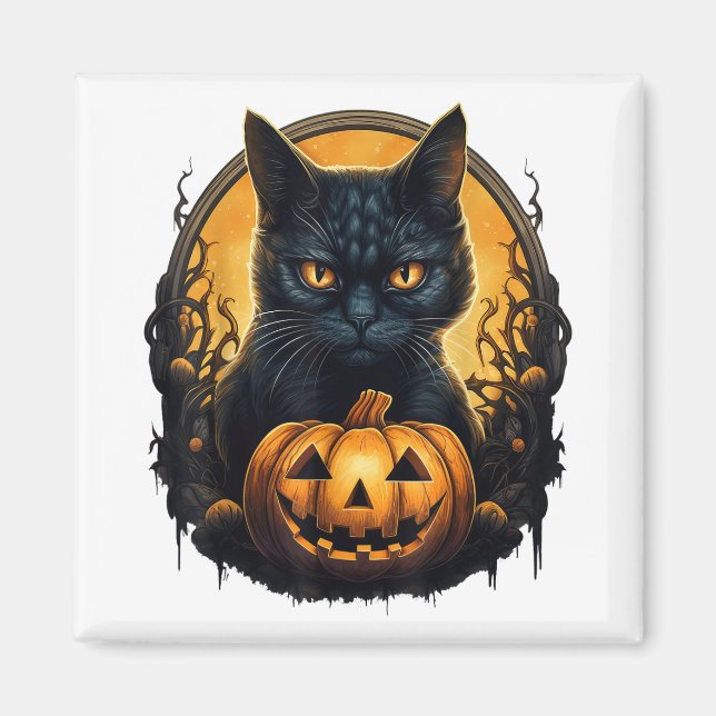 Black Cat Halloween Scary Pumpkins Moon Black Cat Magnet (Front)