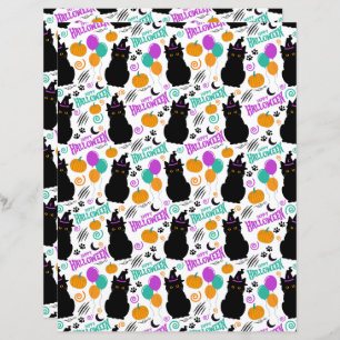 Black Cat Halloween Scrapbook Paper in White
