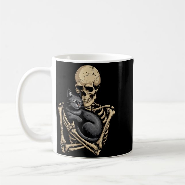 Black Cat Halloween Skeleton Hugging Cat Funny Coffee Mug (Left)
