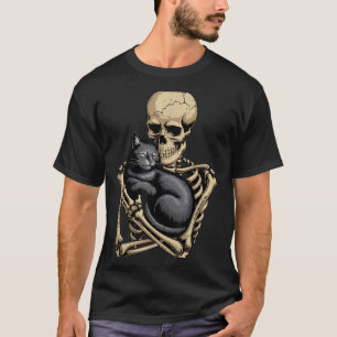 Black Cat Halloween Skeleton Hugging Cat Funny T-Shirt