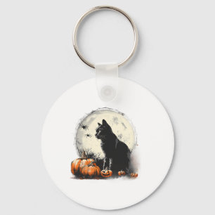 Black Cat Halloween Spooky Moon Artwork Pumpkin Sp Keychain