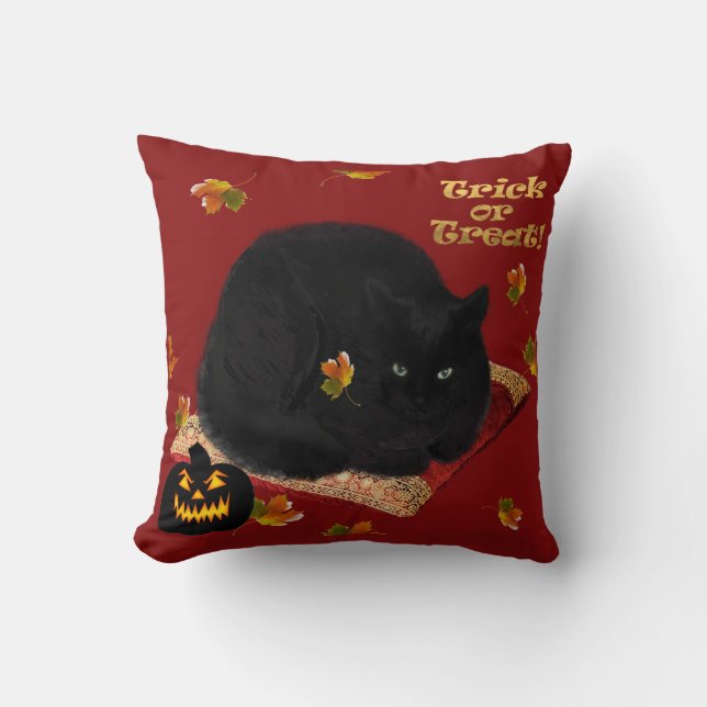 Black Cat Halloween Throw Pillow (Front)
