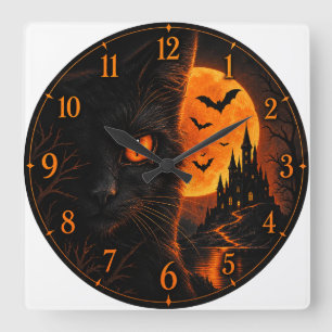 Black Cat Halloween Wall Clock – Spooky Orange Moo