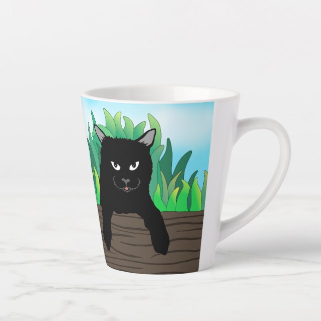 Black cat hanging, latte mug (Right)
