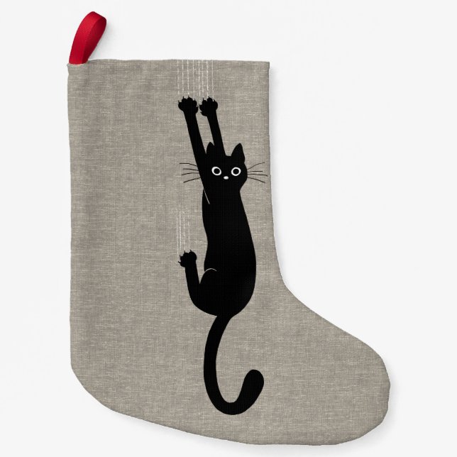 Black Cat Hanging On | Faux Linen Style Funny Small Christmas Stocking (Front)