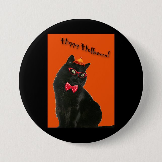 Black Cat Happy Halloween Button/Badge 3 Inch Round Button (Front)