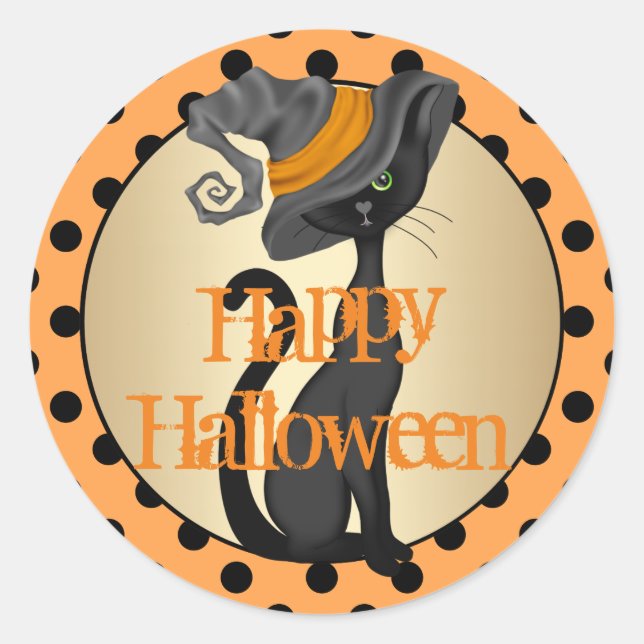 Black Cat Happy Halloween Classic Round Sticker (Front)