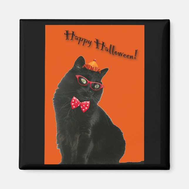 Black Cat Happy Halloween Magnet (Devant)