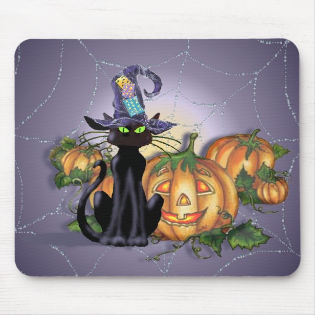 BLACK CAT, HAT, JACK & SPIDER WEB by SHARON SHARPE Mouse Pad (Front)