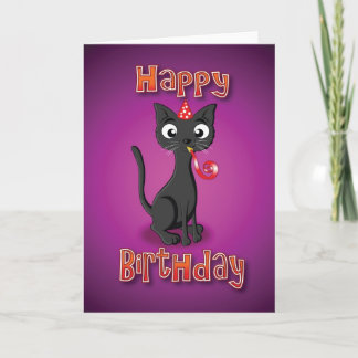 black cat - hat& whistle - happy birthday card