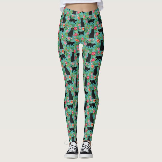 Black Cat Hawaiian print leggings (Front)