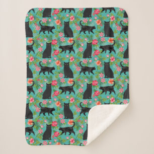 Black Cat Hawaiian print Sherpa Blanket