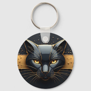 Black Cat Head With Gold Drip Design 🐈 Keychain