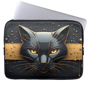 Black Cat Head With Gold Drip Design 🐈 Laptop Sleeve