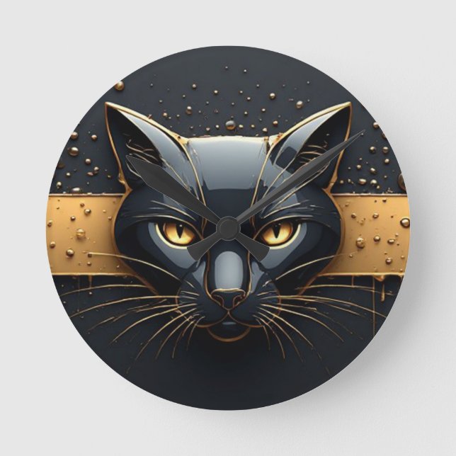 Black Cat Head With Gold Drip Design 🐈 Round Clock (Front)