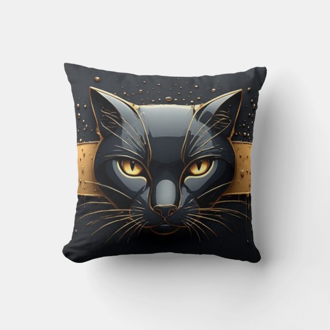Black Cat Head With Gold Drip Design 🐈 Throw Pillow (Front)