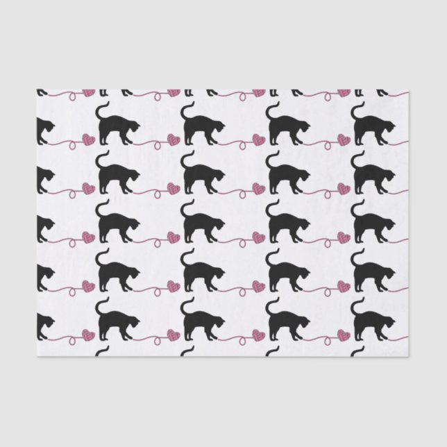 Black Cat & Heart Shaped Yarn (Pink) Tissue Paper (Front)