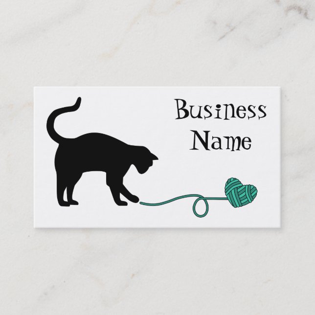 Black Cat & Heart Shaped Yarn (Turquoise) Business Card (Front)
