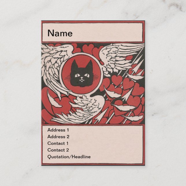 Black Cat, Hearts and Wings Vintage Business Card (Front)