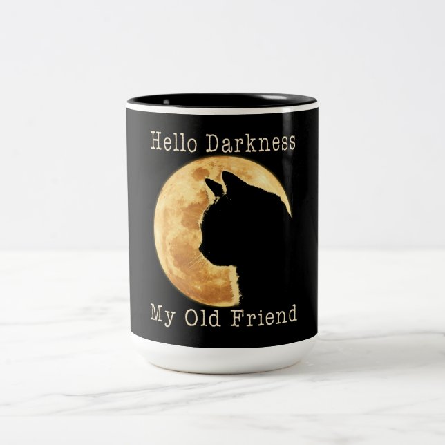 Black Cat Hello Darkness My Old Friend Two-Tone Coffee Mug (Center)