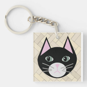 Black Cat Herringbone Beige Keychain